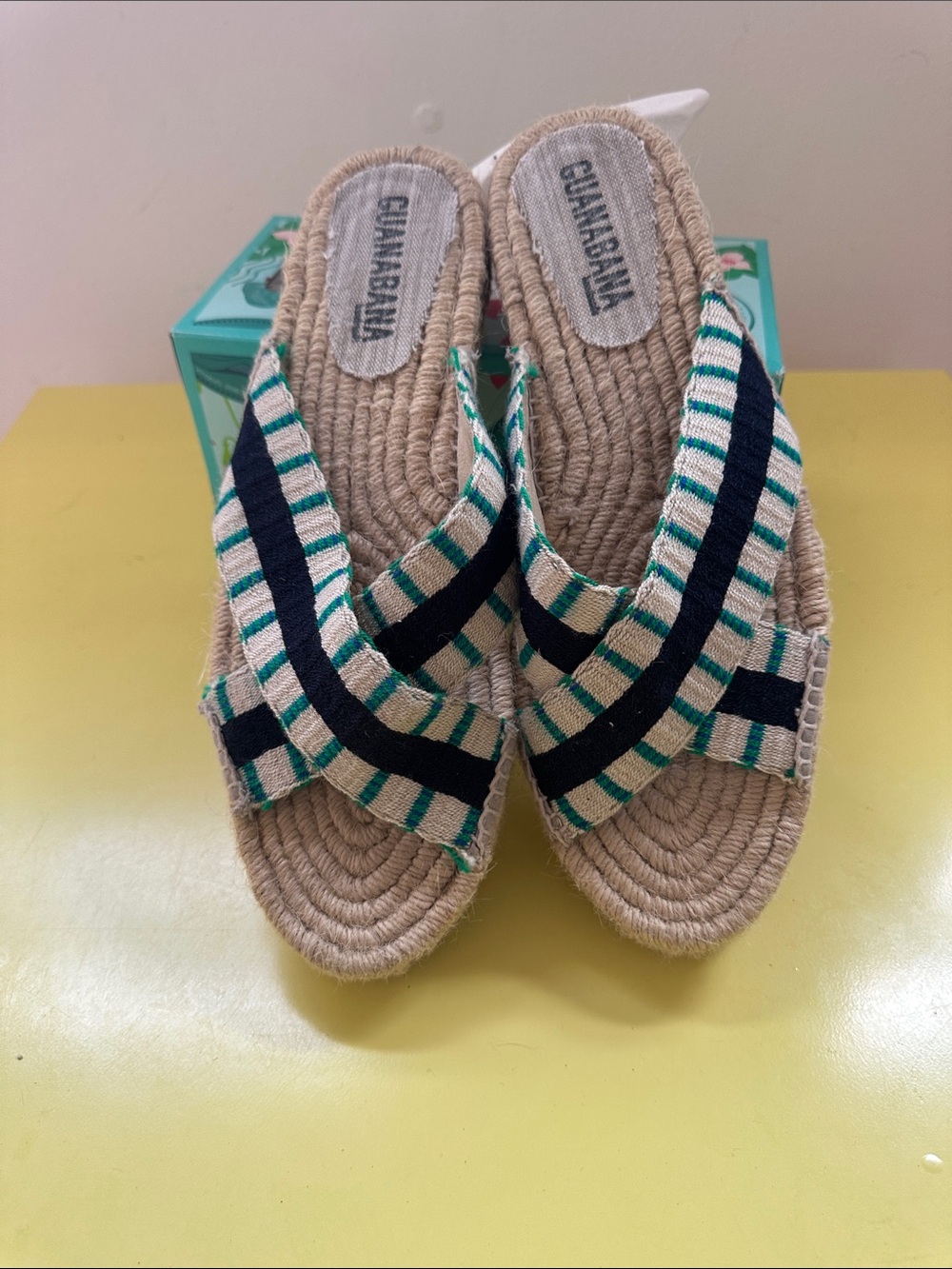 Guanabana Striped Green and Navy Rope Wedge Sandals